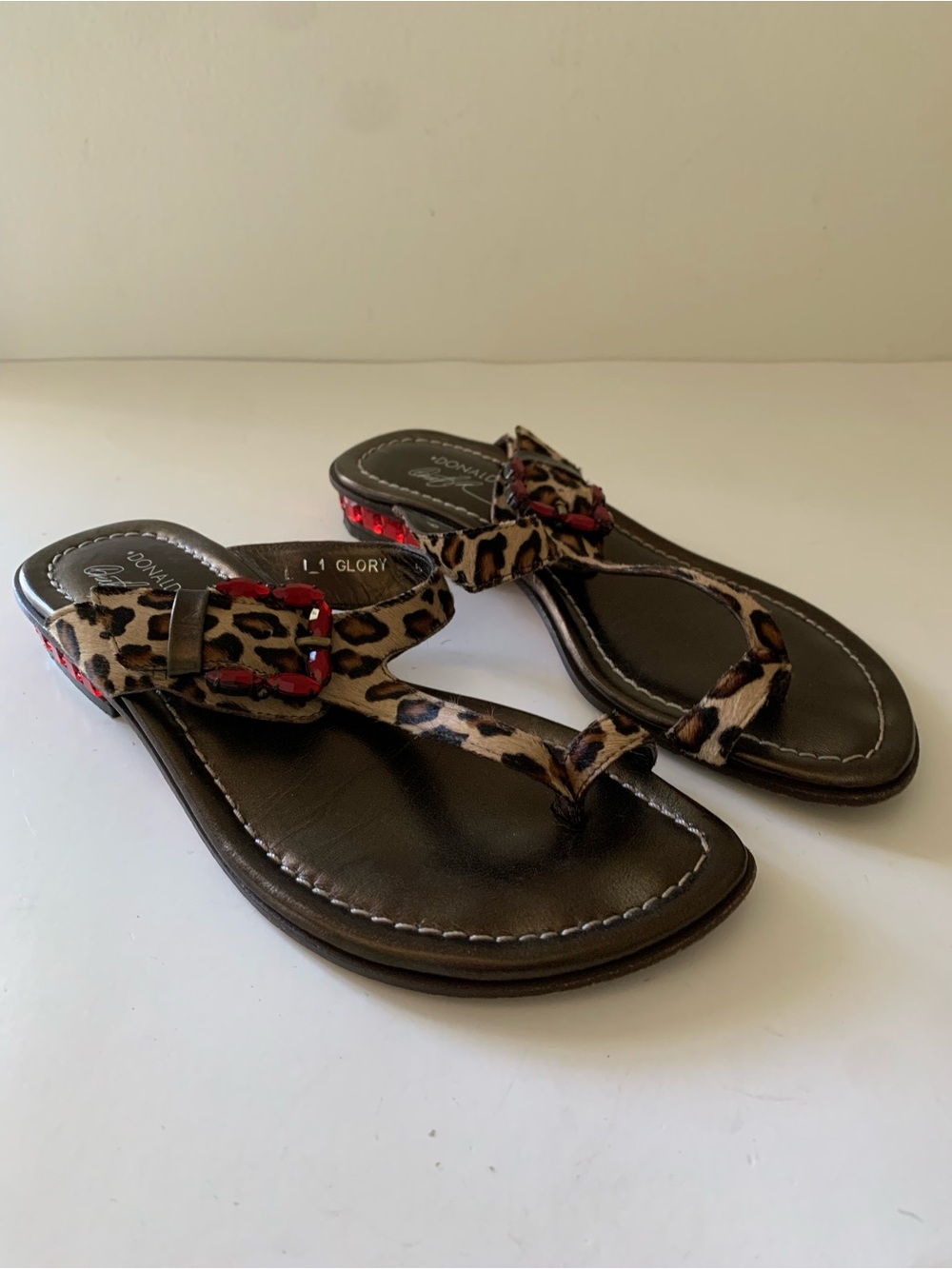 Donald J. Pliner Glory Leopard Calf Hair Toe Ring Sandals, Red Gem Heel, 6M